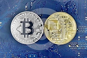 Gold and Silver bitcoin and motherboard