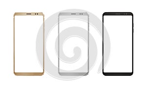 Gold, silver and black smart phone with round edges on isolated white background