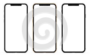 Gold, silver and black smartphones with blank screen, isolated on white background. photo