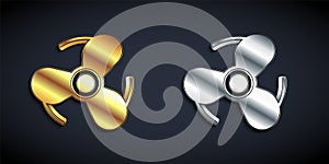 Gold and silver Boat propeller, turbine icon isolated on black background. Long shadow style. Vector