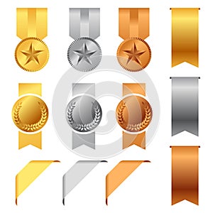 Gold, Silver And Bronze Award Medals and Award Ribbons vector set design photo