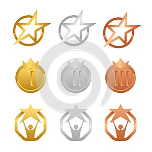 Gold, Silver And Bronze Award Medals with star and crown concept vector set design