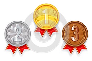 Gold silver bronze award sport 1st 2nd 3rd place medal red ribbon icons set vector illustration