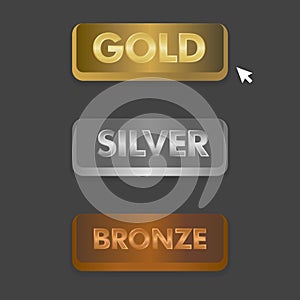 Gold Silver and Bronze buttons set with mouse click icon illustration