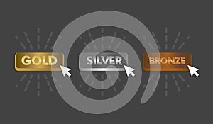 Gold Silver and Bronze buttons set with mouse click icon illustration