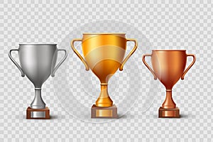 Gold, silver and bronze championship cups. Vector illustration