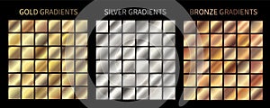 Gold, silver, bronze gradients vector. Metallic gradients set vector color swatches. For Christmas cards, banners, fonts