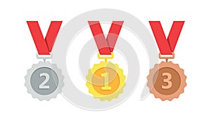 Gold, silver, bronze medal. 1st, 2nd and 3rd places. Trophy with red ribbon. Flat style - stock 