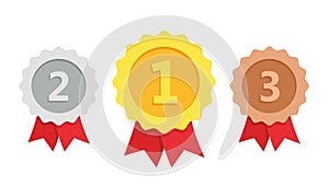 Gold, silver, bronze medal. 1st, 2nd and 3rd places. Trophy with red ribbon. Flat style - stock vector