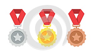 Gold, silver, bronze medal. 1st, 2nd and 3rd places. Trophy with red ribbon. Flat style - stock vector