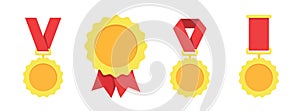 Gold, silver, bronze medal. 1st, 2nd and 3rd places. Trophy with red ribbon. Flat style - stock vector