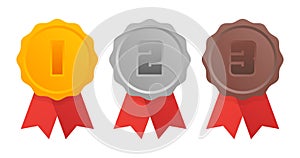 Gold, silver, bronze medal. 1st, 2nd and 3rd places. Trophy with red ribbon. Flat style vector illustration