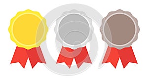 Gold, silver, bronze medal. 1st, 2nd and 3rd places. Trophy with red ribbon. Flat style vector illustration