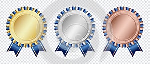 Gold, silver, and bronze medal. Award with ribbon. Realistic medal set. Prizes for winner. Medal vector set