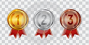 Gold, silver and bronze medal. Badge of the icon First, second and third place. Vector Illustration