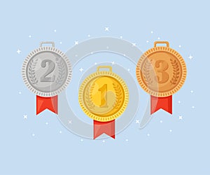 Gold, silver, bronze medal for first place. Trophy, award for winner  isolated on blue background. Set of golden badge with ribbon
