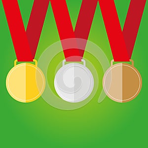 Gold, silver and bronze medal icon. Medal set. Vector set. Medal isolated on green background