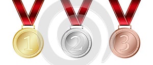 Gold, silver, and bronze medal. Realistic medal set. Prizes for winner. Award with ribbon. Medal vector set