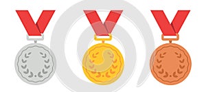 Gold, silver, bronze medal set. Winning award symbols. 1st, 2nd and 3rd places. Trophy with red ribbon. Flat style - stock vector