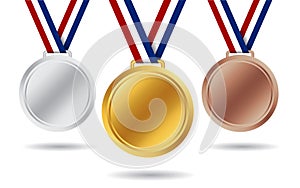 Gold, silver, bronze medals. 3d award medal for 1st, 2nd, 3nd place. Blank insignia of medal with red, white, blue ribbon for