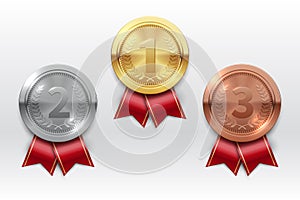 Gold silver bronze medals. Champion winner award metal medal. Honor badges realistic isolated vector set