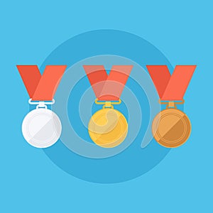 Gold, silver, bronze medals. Flat vector illustration.