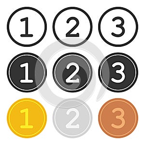 Gold, silver, bronze medals icon. 1st 2nd and 3rd place award symbol. Sign prize vector