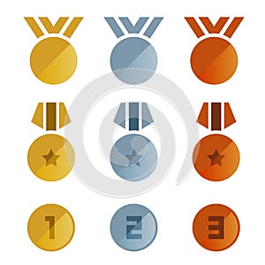 Gold silver bronze medals icon vector set design