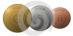Gold, silver and bronze medals isolated on white. Round golden, silver and bronze medals with text on white background