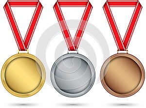 Gold, silver and bronze medals, medal set with red ribbon, vector illustration