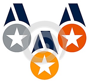 Gold, silver, bronze medals with neckband / ribbon - Flat medal, badge icons w stars