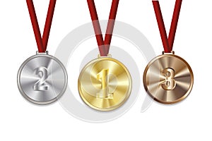 Gold silver bronze medals. Olympic distinction on ribbons. Victory rewards. Vector image. photo