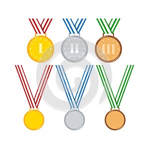 Gold, silver, bronze medals with ribbon set isolated on white background.