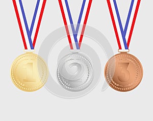 Gold, silver and bronze medals with ribbons isolated on background.