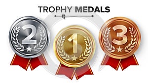 Gold, Silver, Bronze Medals Set Vector. Metal Realistic Badge With First, Second, Third Placement Achievement. Round