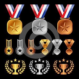 Gold silver bronze medals , Trophy Cup Olive leaf , start award vector set design