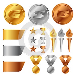 Gold silver bronze medals , Trophy Cup , start award and torch and tag banner vector set design photo