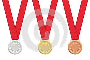 Gold, silver and bronze medals on white