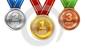 Gold silver bronze medals. Winner shiny circle medal honor champion award ceremony trophy place sport ribbon best prize