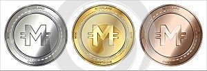 Gold, silver and bronze Mossland MOC cryptocurrency coin. coin set.