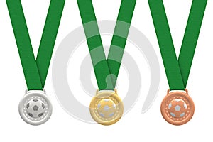 Gold, silver and bronze soccer medals