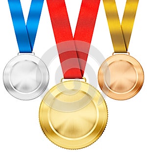 Gold, silver, bronze sport medals with ribbon