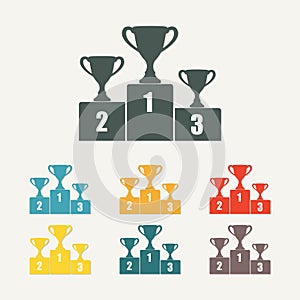 Gold, Silver and Bronze Trophy Cup on prize podium. First place award. Champions or winners Infographic elements.