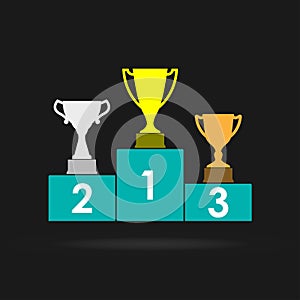 Gold, Silver and Bronze Trophy Cup on prize podium. First place award. Champions or winners Infographic elements. Vector illustrat