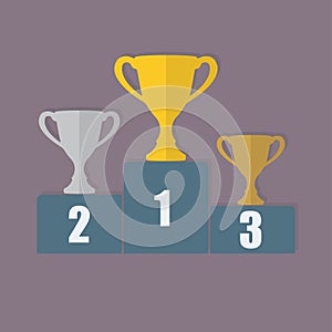 Gold, Silver and Bronze Trophy Cup on prize podium. First place award. Champions or winners Infographic elements. Vector illustrat