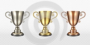 Gold silver and bronze trophy cup. Realistic champion awards, first, second, third place, championship winners golden