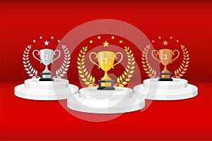 Gold silver bronze trophy cups. Game winner prize cups, goblet prize icons vector illustration with laurel wreaths