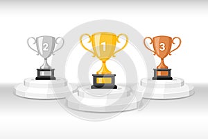 Gold silver bronze trophy cups. Game winner prize cups, goblet prize icons vector illustration on round pedestal