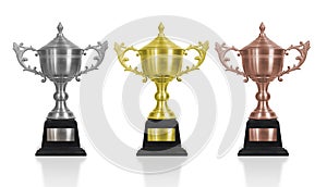 Gold, Silver and Bronze trophy isolated white background. use cl