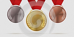 Gold silver and bronze trophy medals. First, second, third place realistic medal with laurel leaves hanging on ribbons